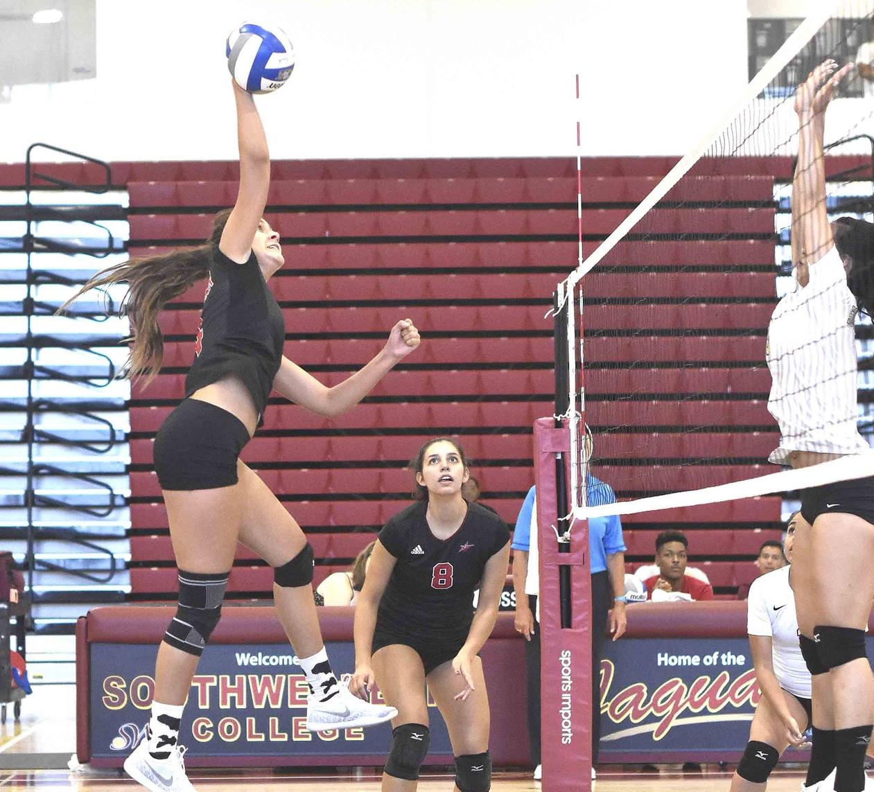 Palomar's Noemi Ramos delivers a kill in sweep of Southwestern. (Russ Scofin Photo)