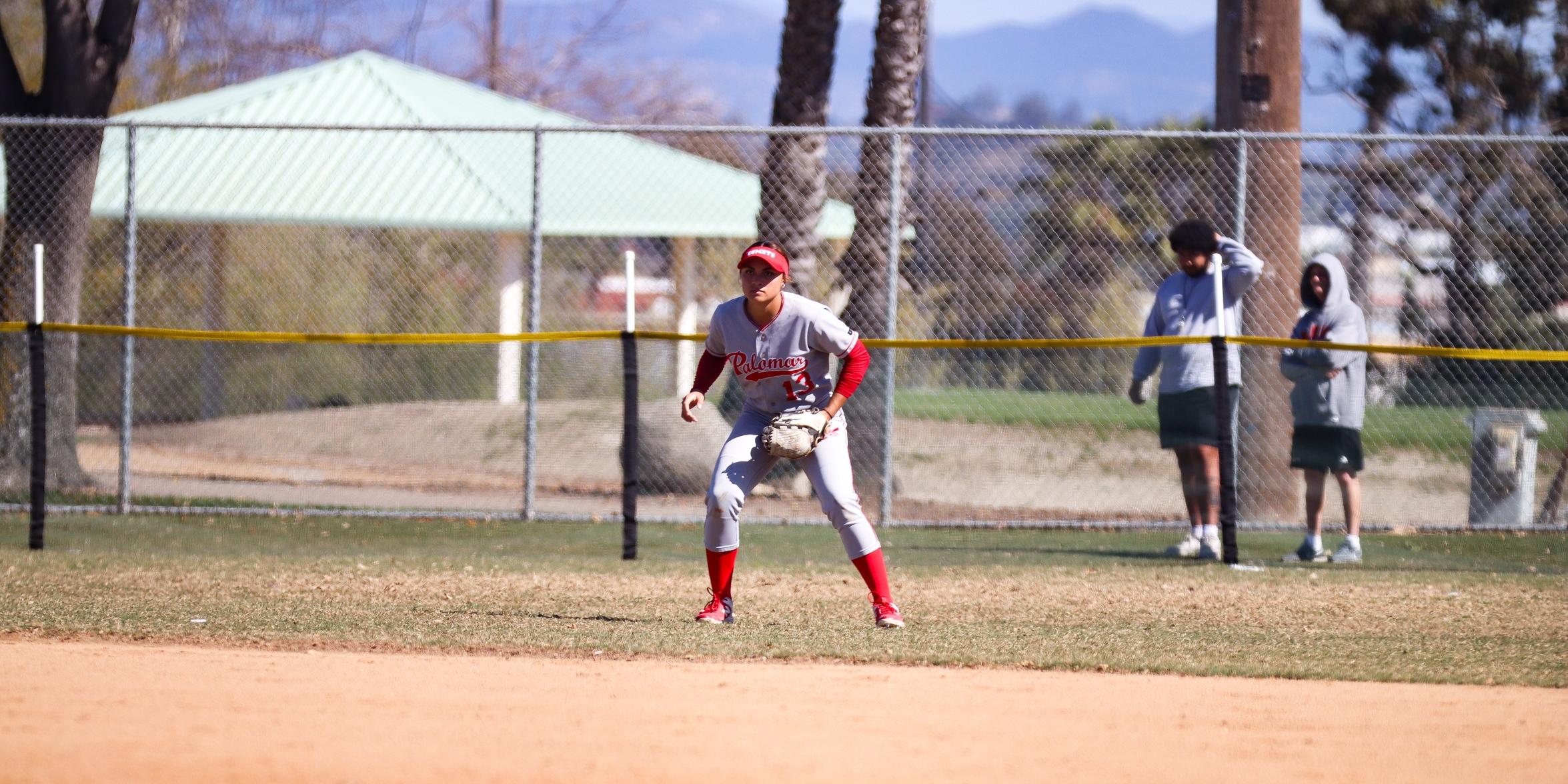 Faith Steffany had six putouts against El Camino College. Photo by Cara Heise.