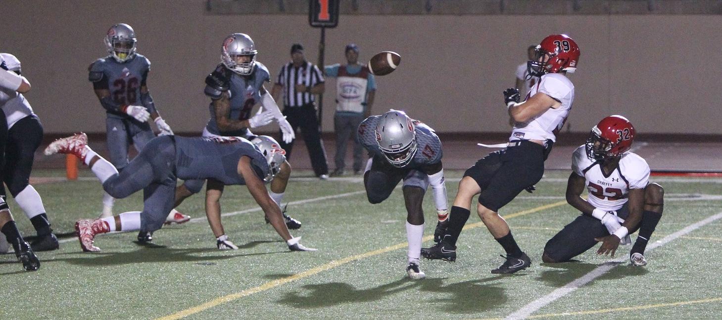 Devonte Woods (No. 17) blocks his second PAT of the night two weeks ago in Palomar's victory over Chaffey in Escondido. -- Photo by Hugh Cox