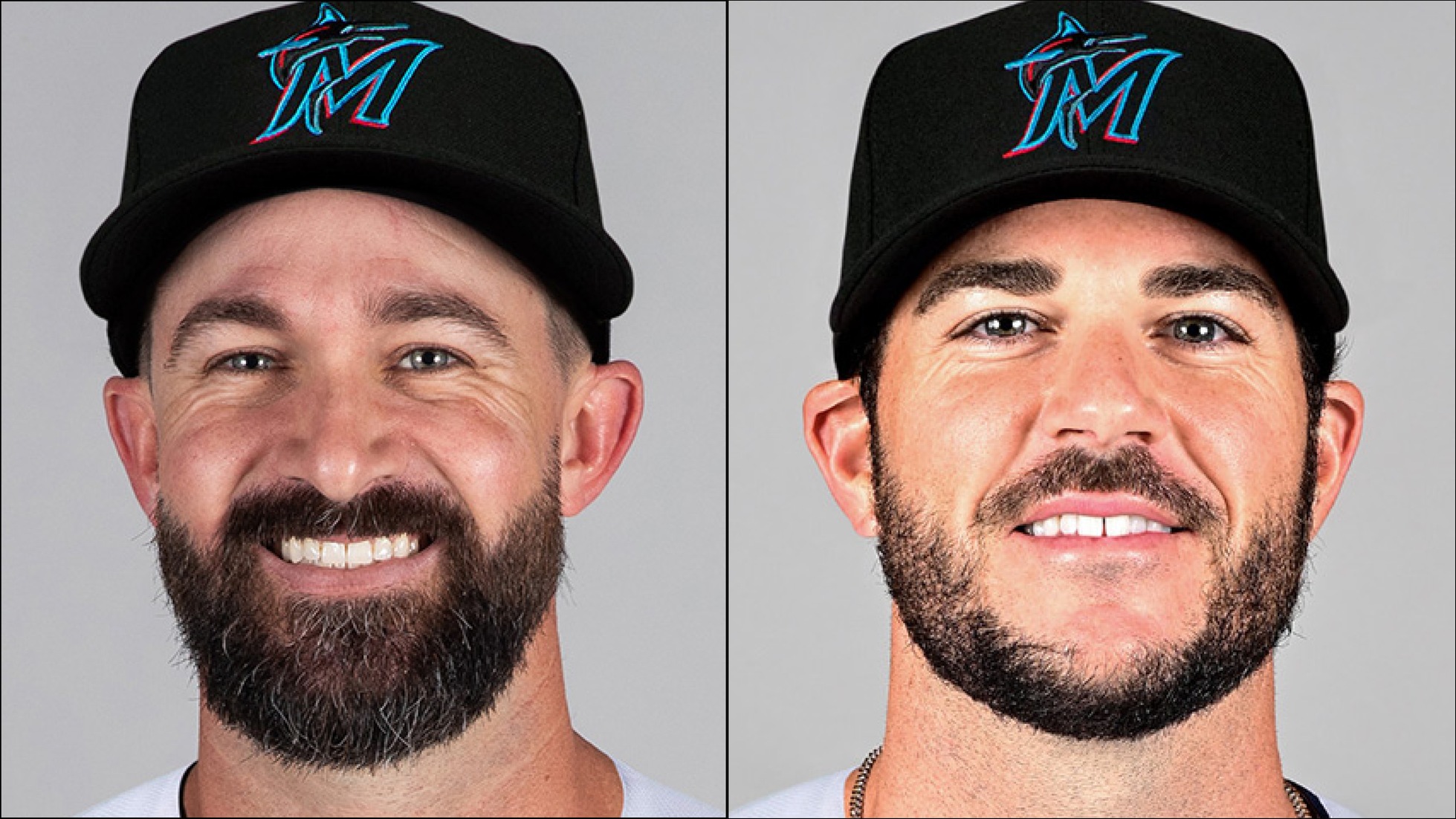 Nick Vincent (left) and James Hoyt played together at Palomar in 2007 and have since been reunited in the big leagues playing for the Miami Marlins. Photos: mlb.com