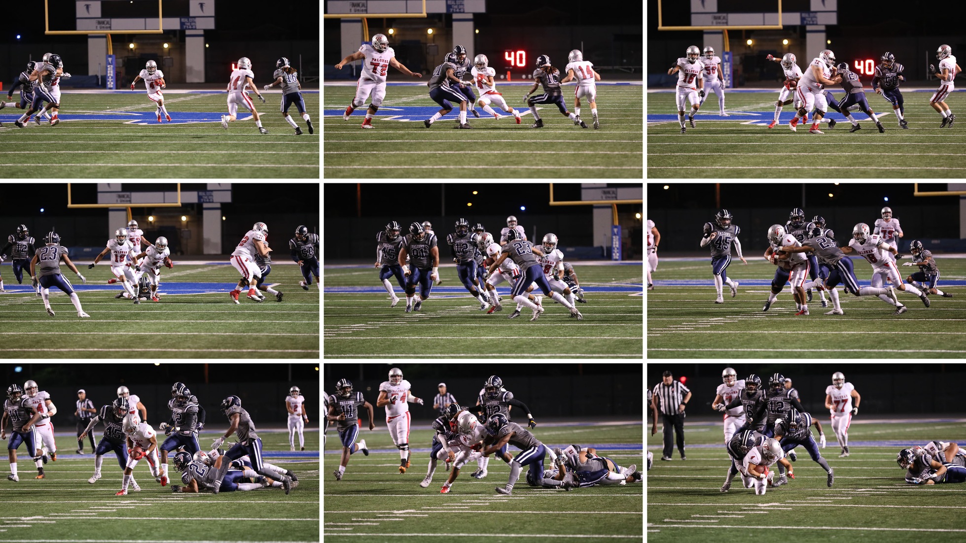 Rodney Thompson completes a pass to Damon Wigand at about the line of scrimmage. With the help of blocking from Palomar’s Charlie Evans, Johnny Armentrout and Isaiah Batton, Wigand escapes real tackling attempts by Cerritos. Photo sequence by Hugh Cox.