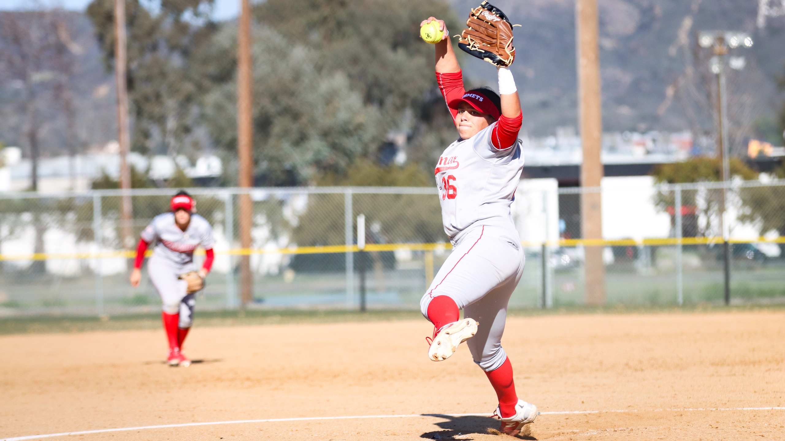 GiGi Clavel had her first no-hitter shutout of the season against Santiago Canyon College. Photo by Cara Heise.