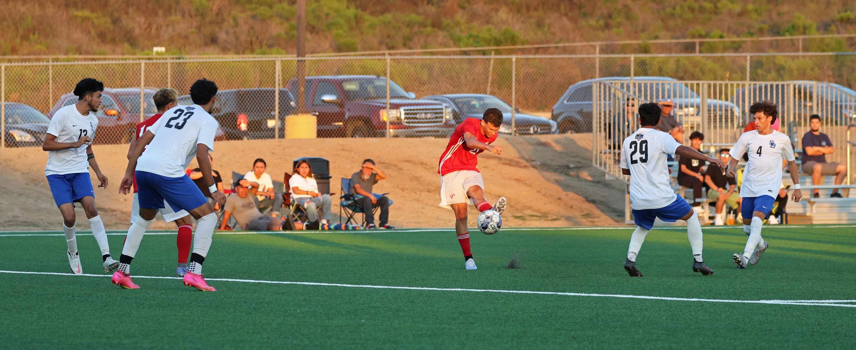 Lucas Meirelles had two assists against Santiago Canyon College. Photo by Hugh Cox.