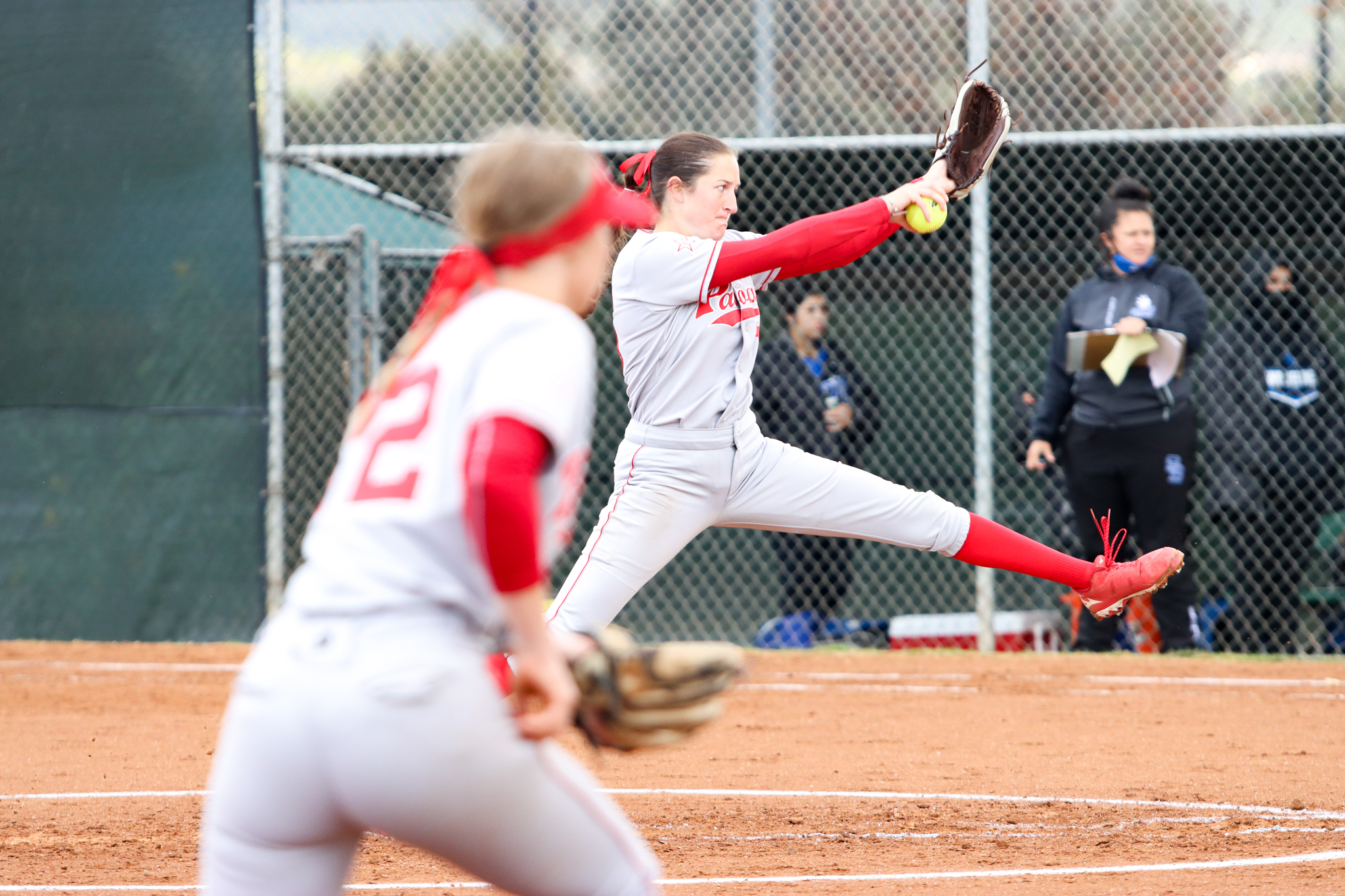 India Caldwell delivers a pitch against San Bernardino Valley College. Photo by Cara Heise.